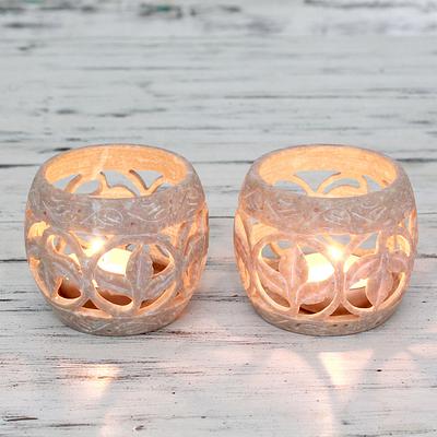 Handcrafted Soapstone Candle Holders Set of 2, Fig Leaf