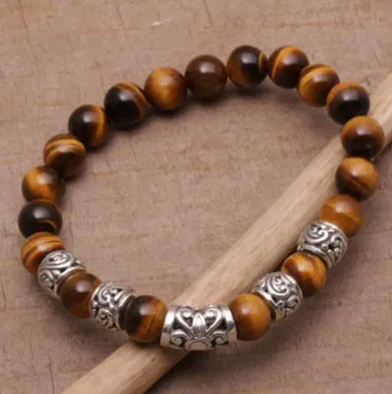 Tiger's Eye Beaded Stretch Bracelet from Bali, "Earthen Temple"