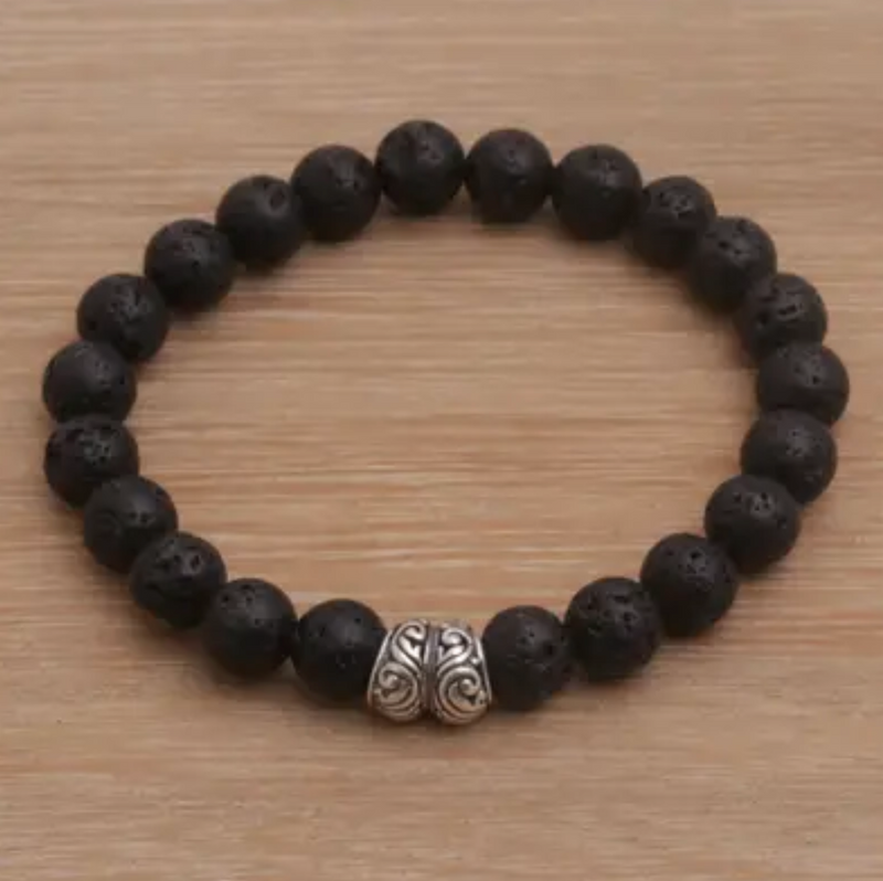Lava Stone and Sterling Silver Beaded Stretch Bracelet, "Full Circle in Black"