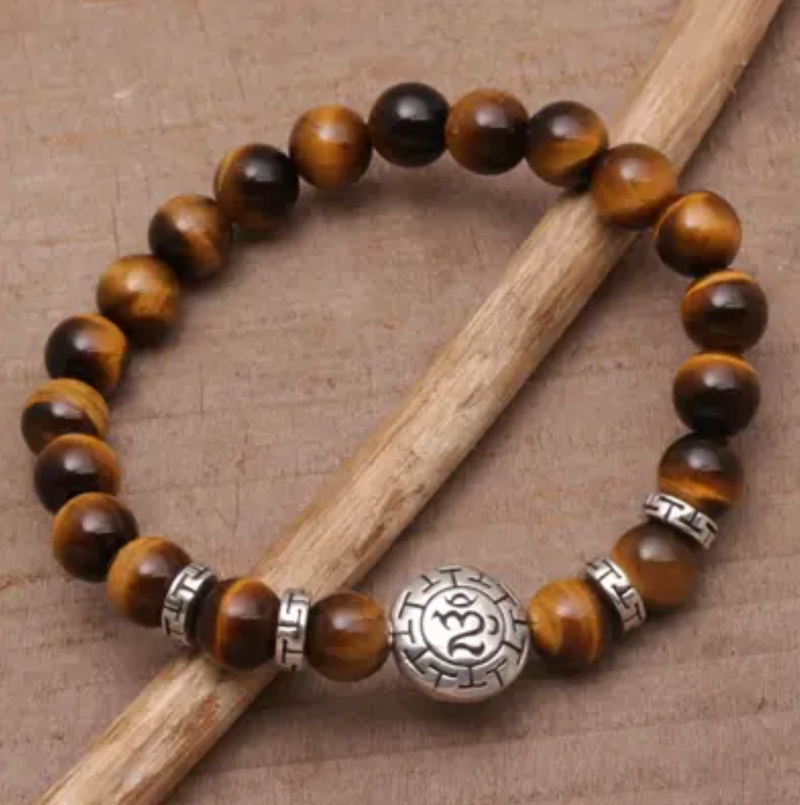 Tiger's Eye Beaded Om Stretch Bracelet from Bali, "Temesir Om"