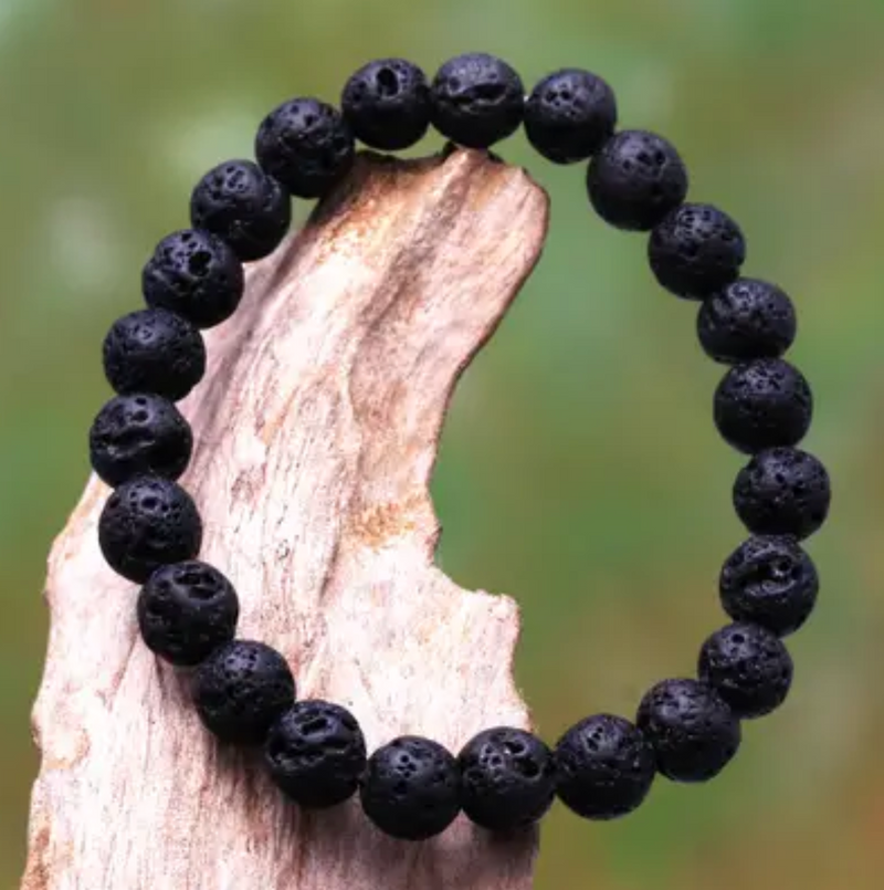 Lava Stone Beaded Stretch Bracelet from Bali, "Planet Craters"