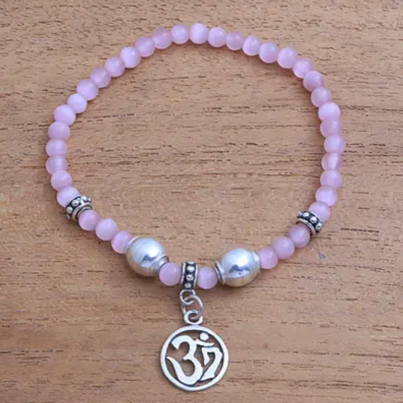Cat's Eye Om Beaded Stretch Bracelet from Bali, "Pink Om"