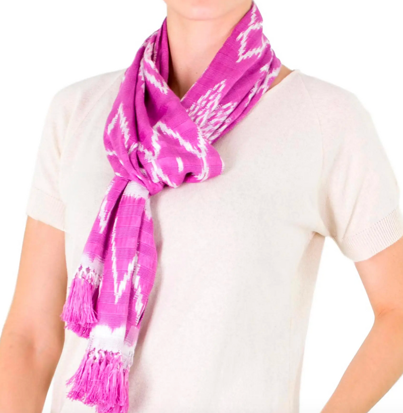 Light Fuchsia Backstrap Loom Cotton Scarf from Guatemala, "Solola Orchids"