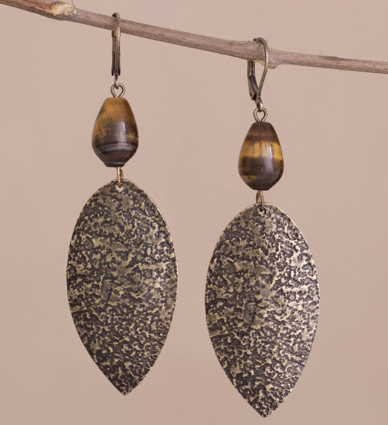 Peruvian Tiger's Eye Dangle Earrings with Antiqued Finish, "Plumes of Bronze"