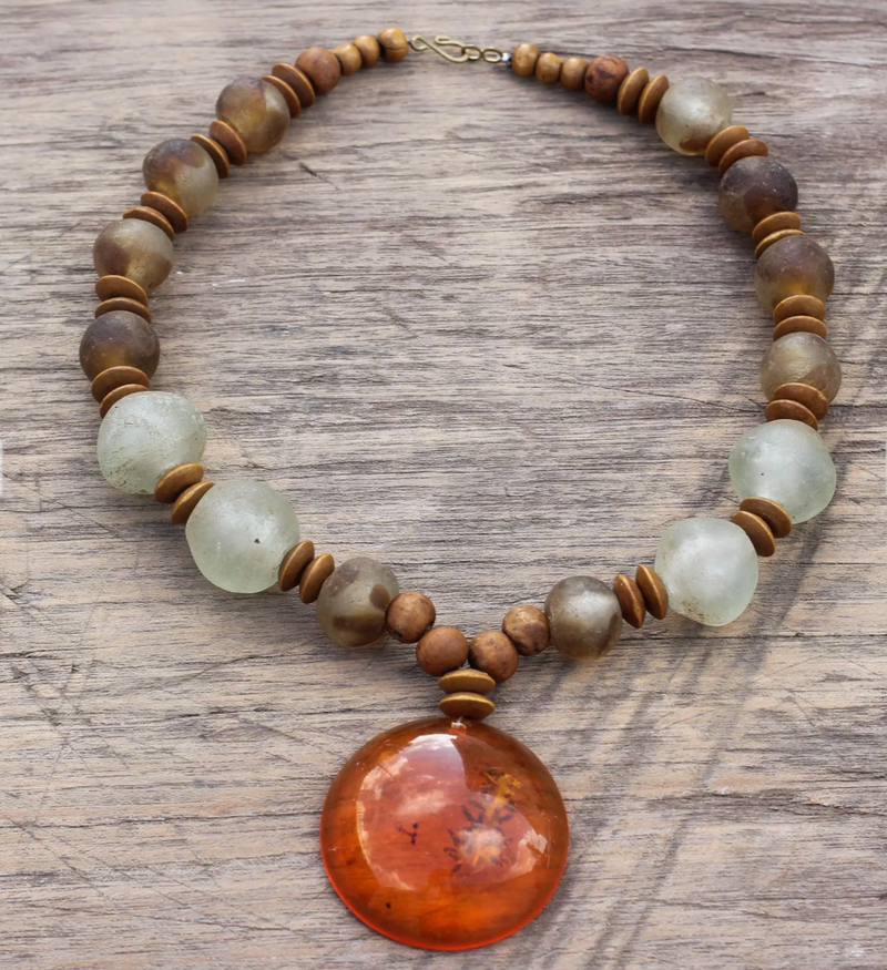 Beaded Pendant Necklace with Recycled Glass and Wood, "Eco Anonyam"