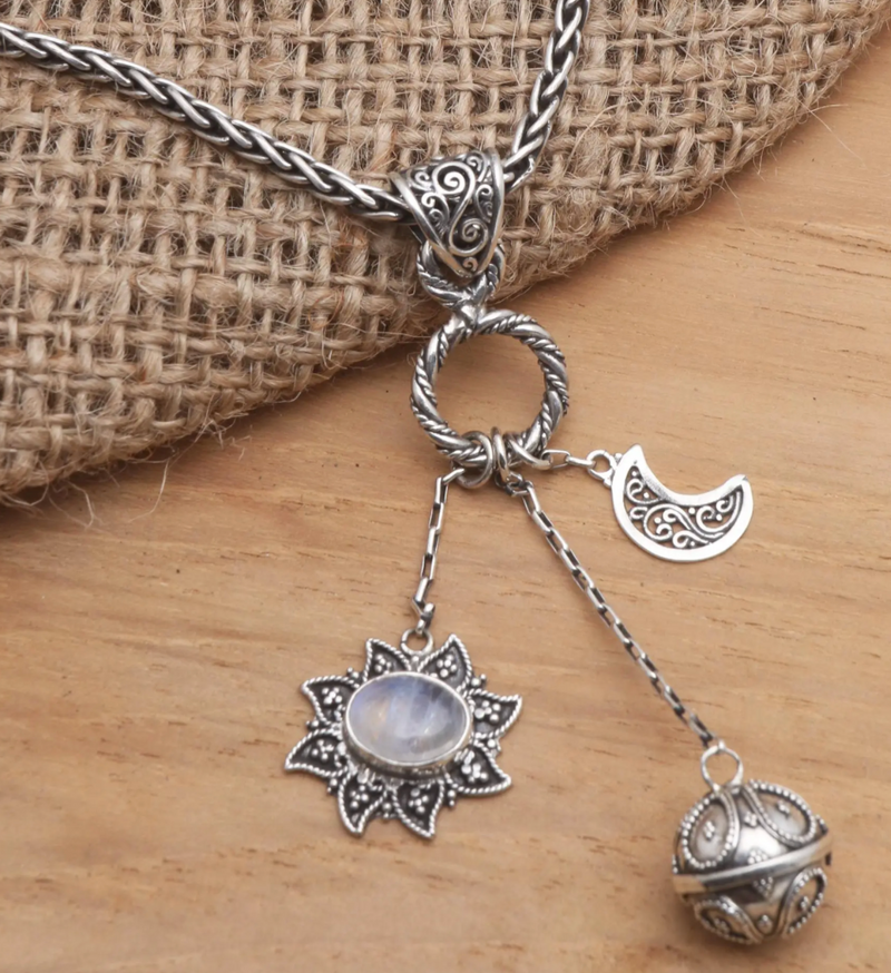 Silver and Rainbow Moonstone Balinese Harmony Ball Necklace, "Moon Mother"
