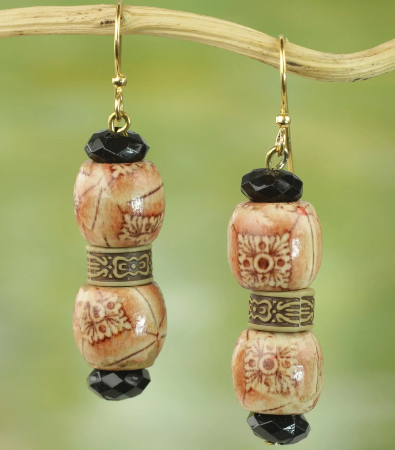 Floral Wood and Recycled Plastic Dangle Earrings from Ghana, "Rustic Melodies"