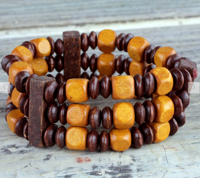 Beaded Natural Sese Wood Multi-Layered Stretch Bracelet, "Forest Beauty"