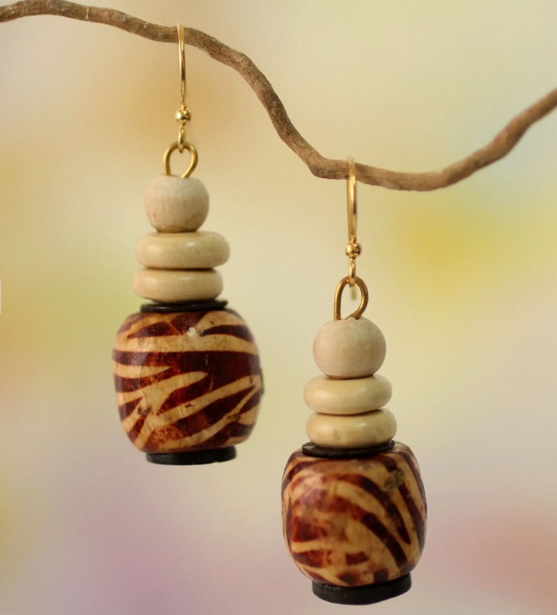 Wood Beaded Earrings on Brass Hooks from Ghana, "Desert Bird"