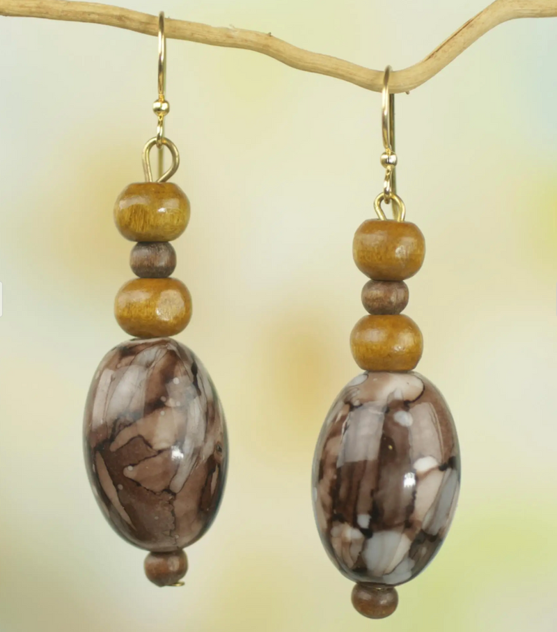 Recycled Plastic and Wood Dangle Earrings Brown from Ghana, "Elikem in Brown"