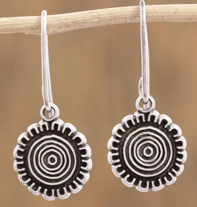 Handcrafted Sterling Silver Dangle Earrings from Mexico, "Sun over Mexico"