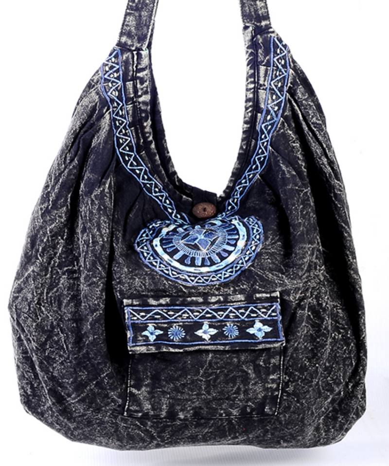 Black Stonewash Oversized Bag with Embroidered Pattern