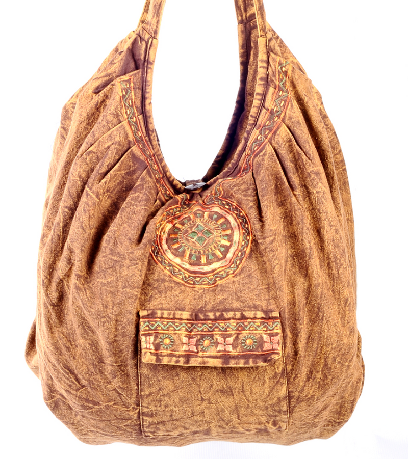 Light Brown Stonewash Oversized Bag with Embroidered Pattern