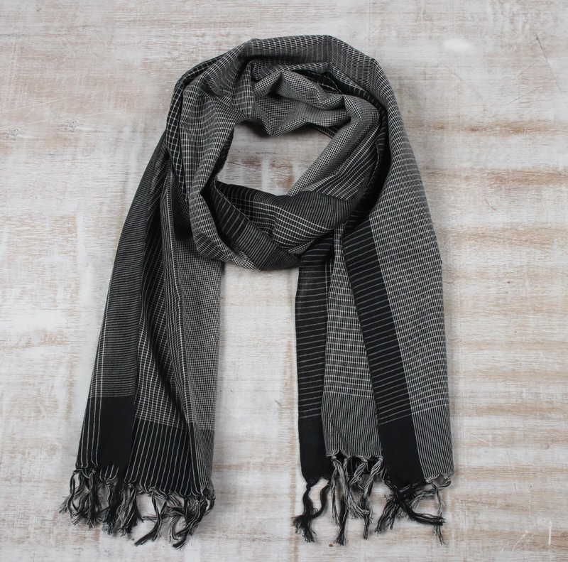 Black and White Cotton Scarf from India, "Timeless Classic"