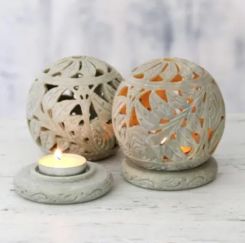 Natural Soapstone Candle Holder Hand Made Jali Set of 2, "Tea Roses"
