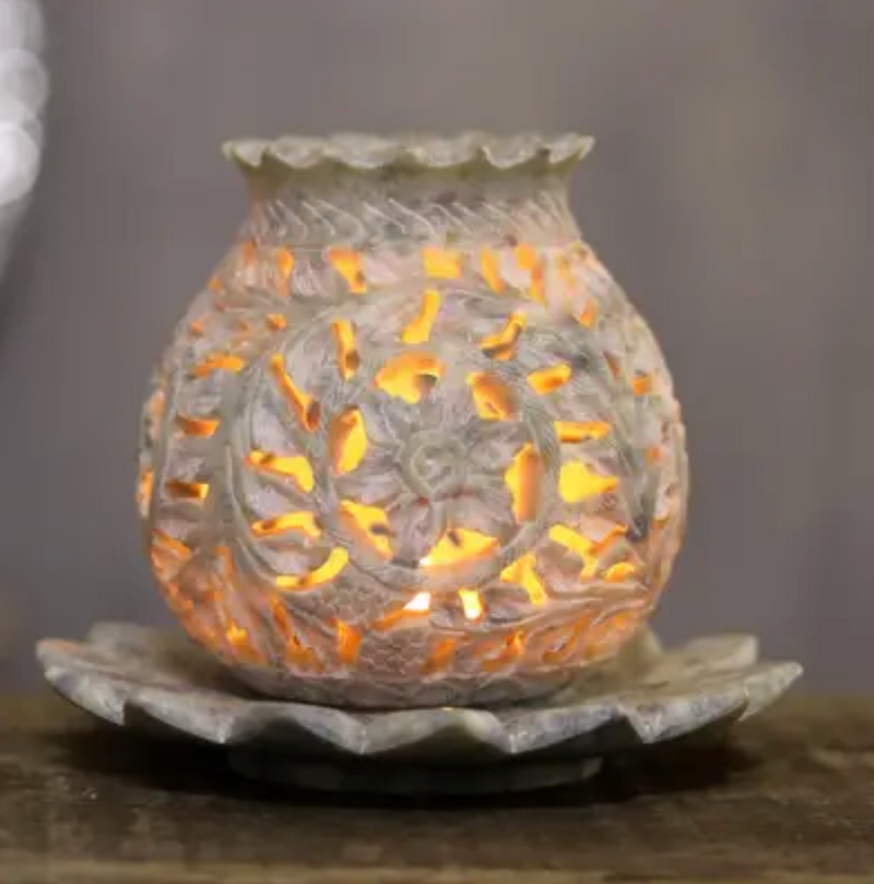 Floral Soapstone Tealight Holder from India, "Light Bouquet"