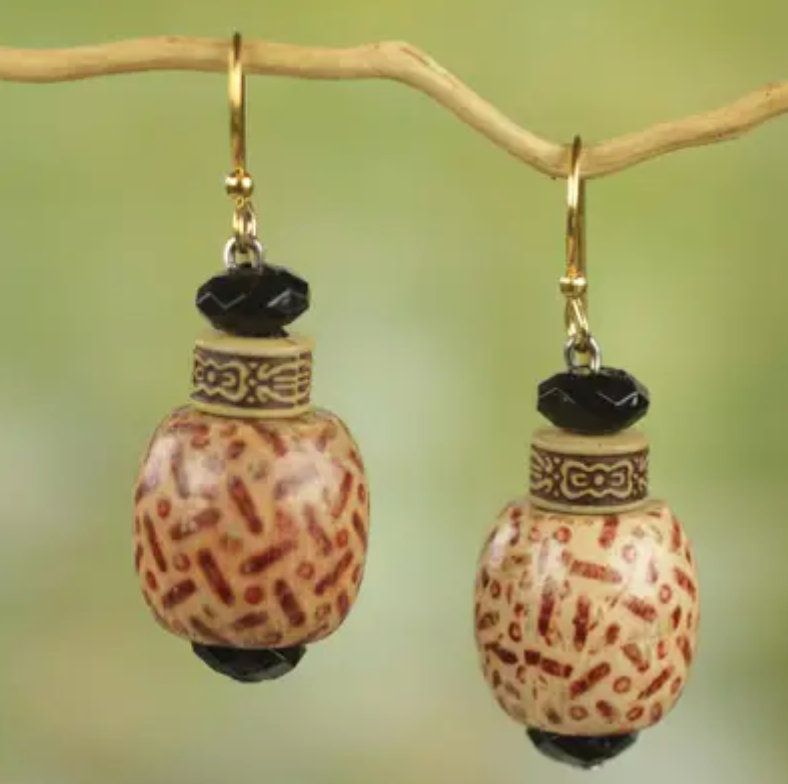 Wood and Recycled Plastic Rustic Dangle Earrings from Ghana, "Holy Love"