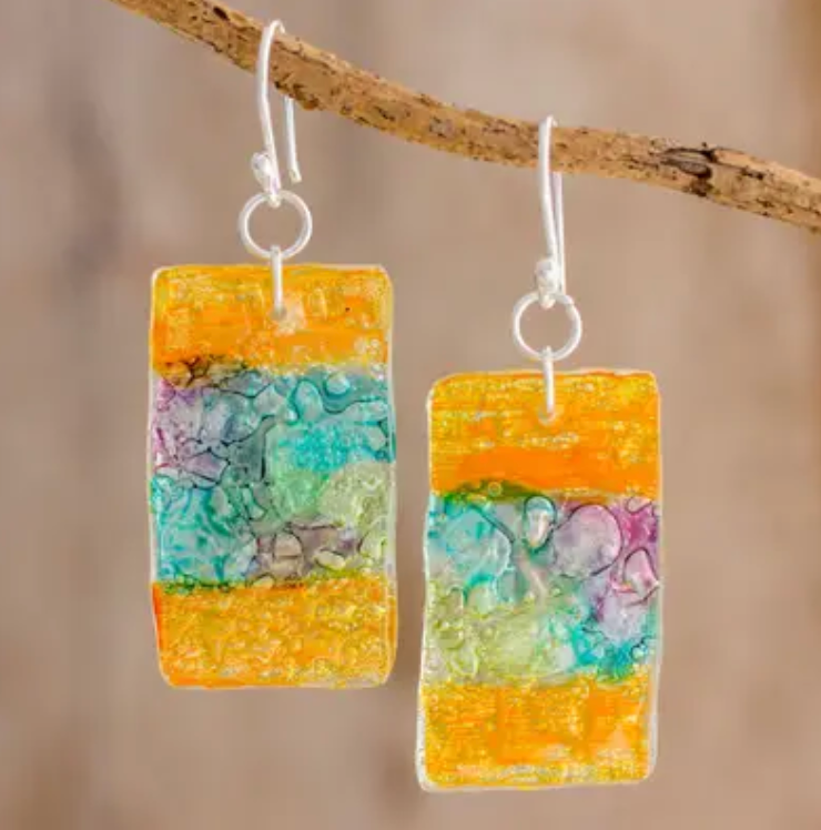 Colorful Recycled CD Dangle Earrings from Guatemala, "Celebrate Creativity"