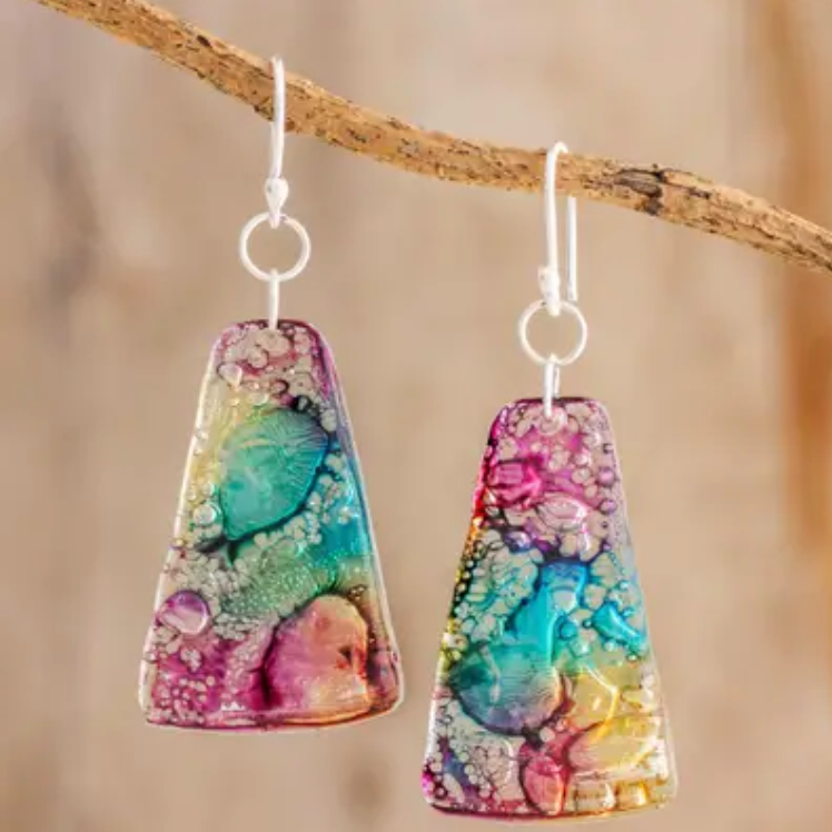 Yellow, Turquoise, and Purple Recycled CD Dangle Earrings, "Color Explosion"