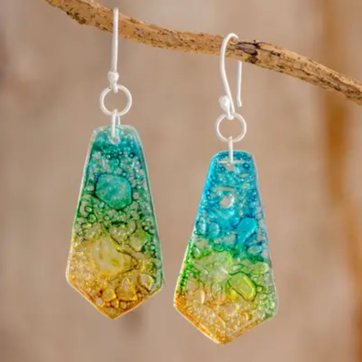 Handmade Recycled CD Dangle Earrings from Guatemala, "Vibrant Ocean"