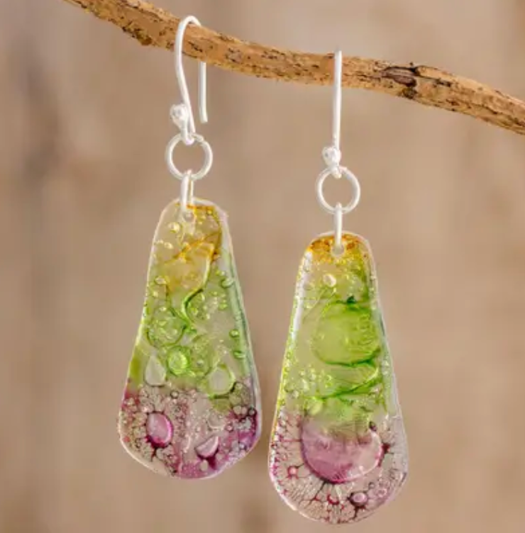 Recycled CD Dangle Earrings from Guatemala, "Spring Renewed"