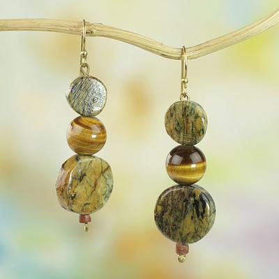 Tiger's Eye and Soapstone Dangle Earrings from Ghana, "Stormy Eyes