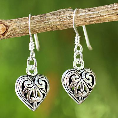 Romantic Sterling Silver Dangle Earrings, "Filigree Heart"