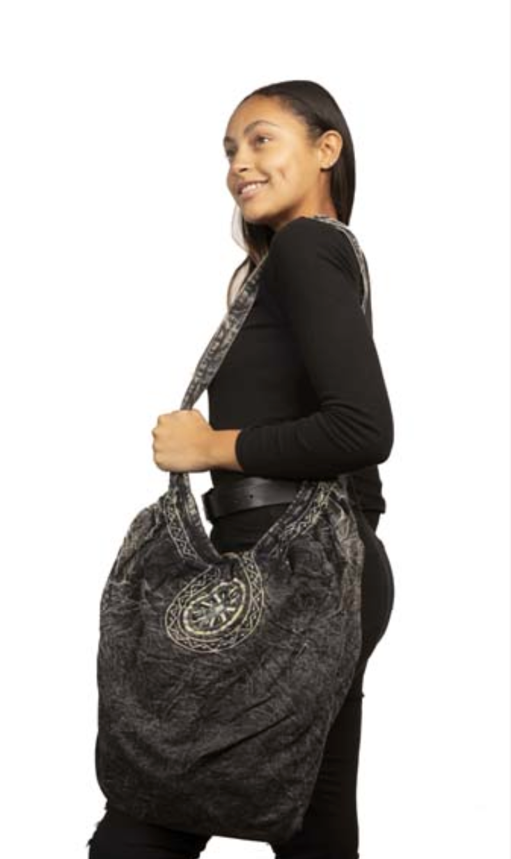 Black Stonewash Oversized Bag with Embroidered Pattern