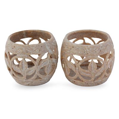 Handcrafted Soapstone Candle Holders Set of 2, "Fig Leaf"