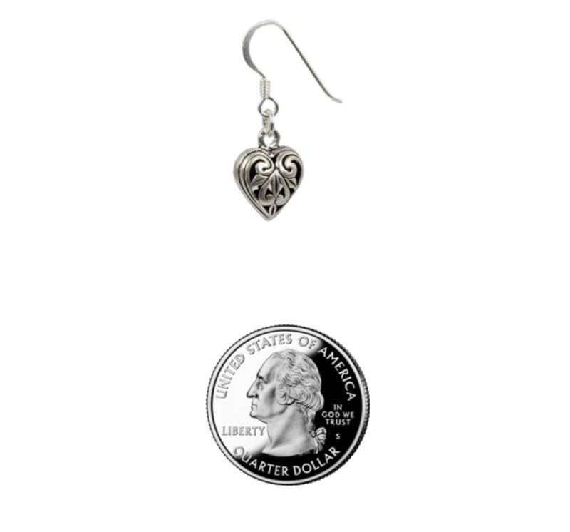 Romantic Sterling Silver Dangle Earrings, "Filigree Heart"