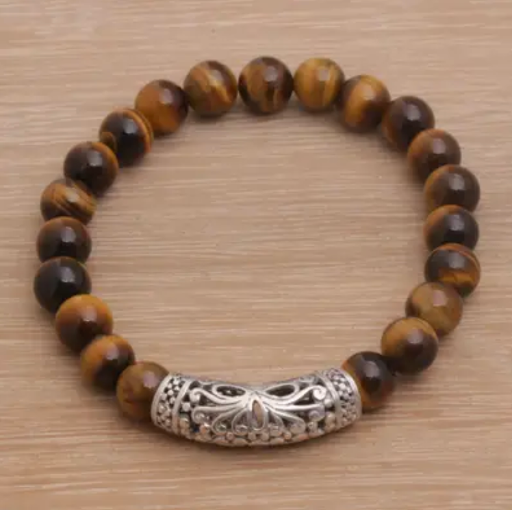 Tiger's Eye Beaded Stretch Bracelet, "Stone Bouquet in Brown"