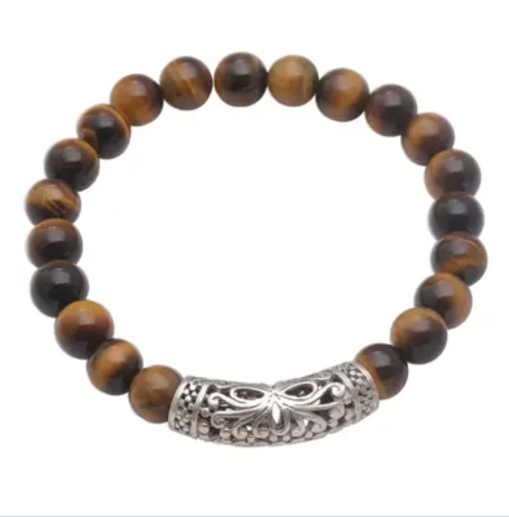 Tiger's Eye Beaded Stretch Bracelet, "Stone Bouquet in Brown"