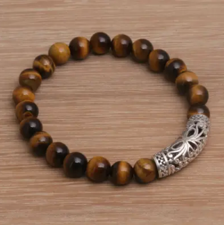 Tiger's Eye Beaded Stretch Bracelet, "Stone Bouquet in Brown"