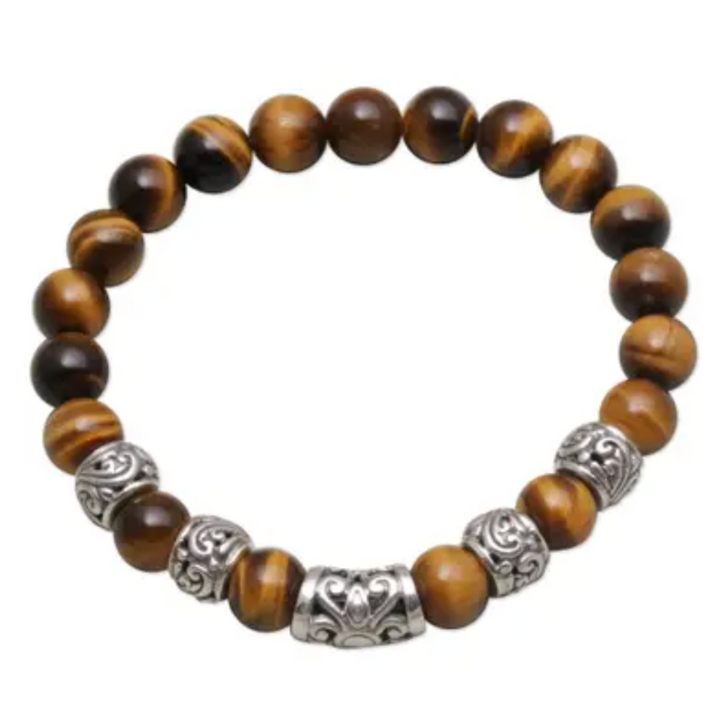 Tiger's Eye Beaded Stretch Bracelet from Bali, "Earthen Temple"