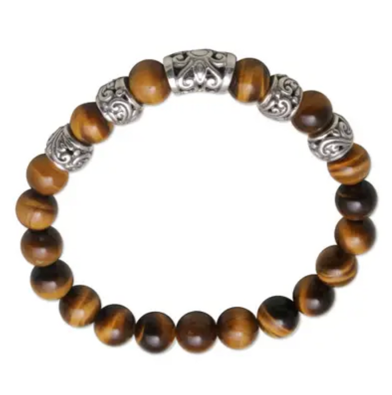 Tiger's Eye Beaded Stretch Bracelet from Bali, "Earthen Temple"