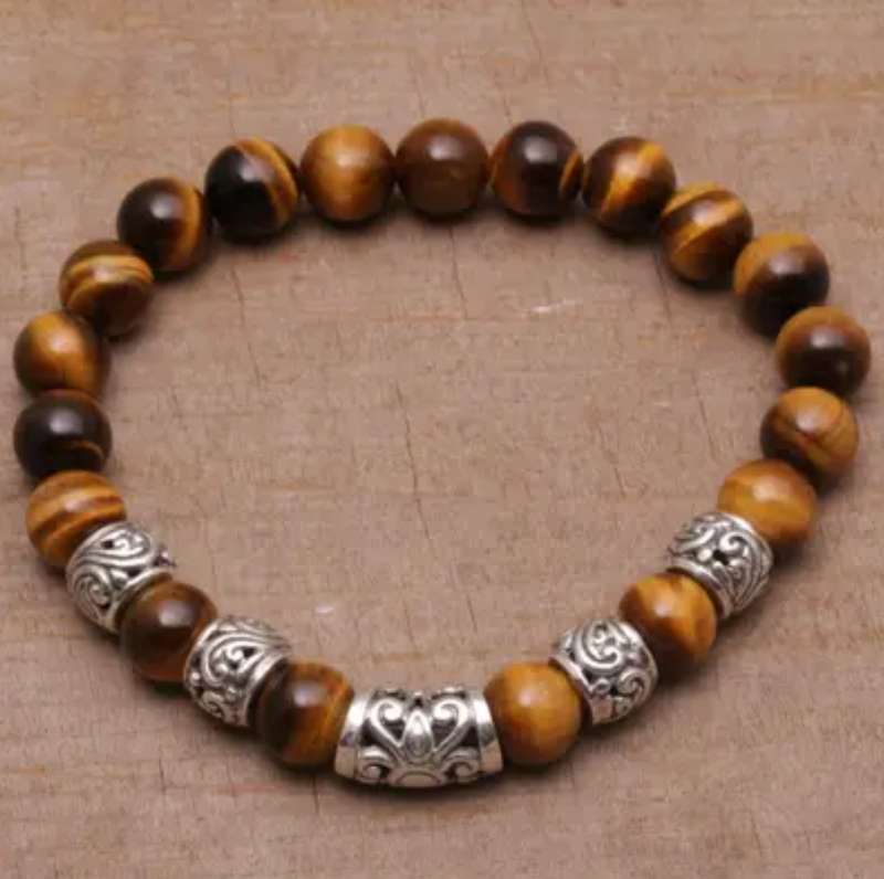 Tiger's Eye Beaded Stretch Bracelet from Bali, "Earthen Temple"