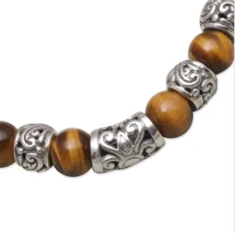 Tiger's Eye Beaded Stretch Bracelet from Bali, "Earthen Temple"