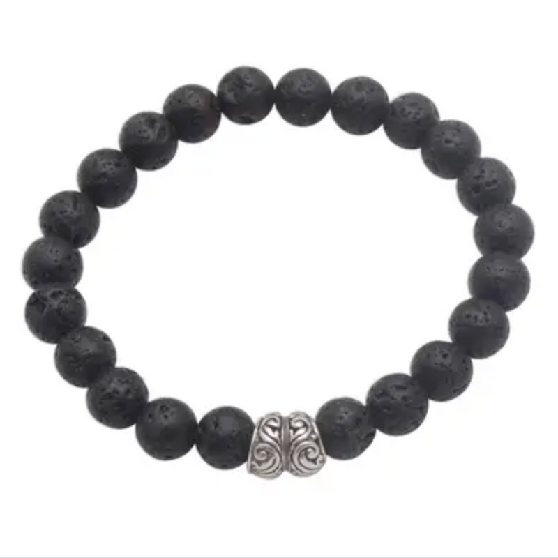 Lava Stone and Sterling Silver Beaded Stretch Bracelet, "Full Circle in Black"