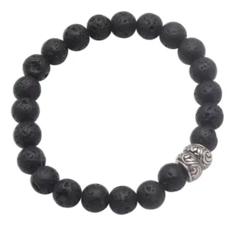 Lava Stone and Sterling Silver Beaded Stretch Bracelet, "Full Circle in Black"