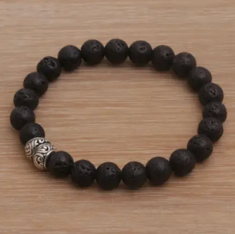 Lava Stone and Sterling Silver Beaded Stretch Bracelet, "Full Circle in Black"