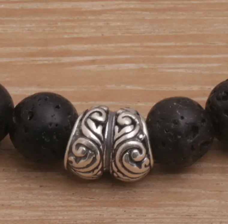 Lava Stone and Sterling Silver Beaded Stretch Bracelet, "Full Circle in Black"