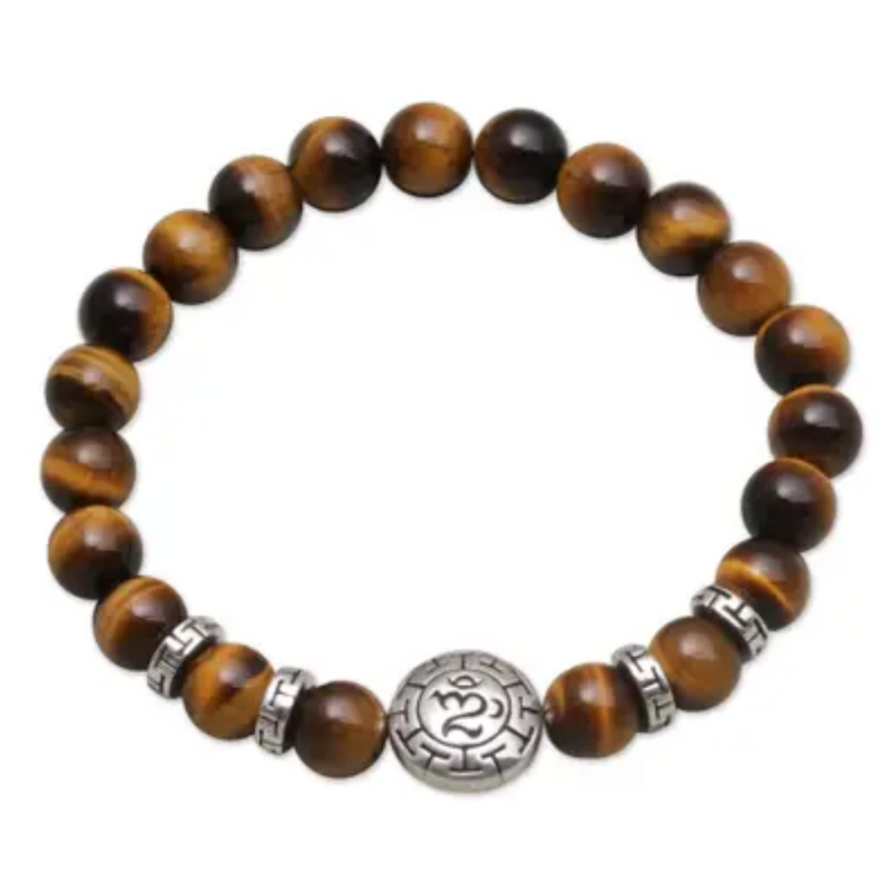 Tiger's Eye Beaded Om Stretch Bracelet from Bali, "Temesir Om"