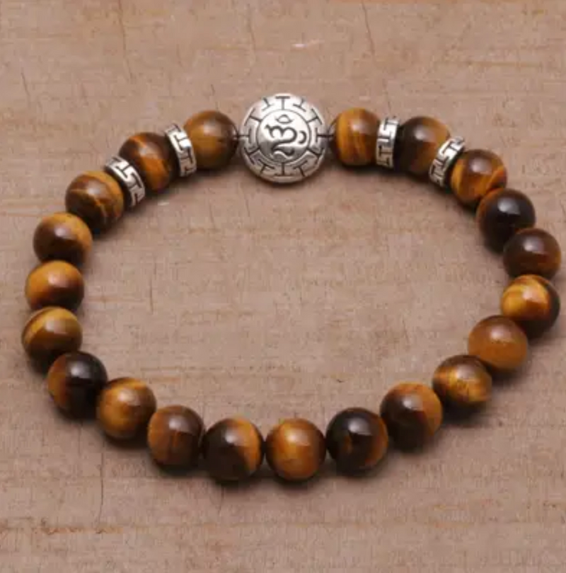 Tiger's Eye Beaded Om Stretch Bracelet from Bali, "Temesir Om"