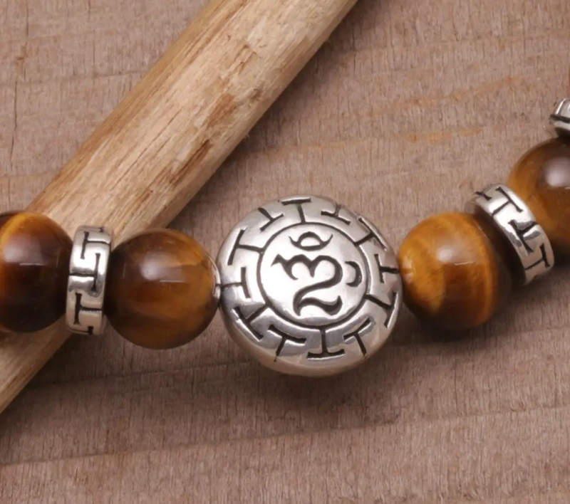 Tiger's Eye Beaded Om Stretch Bracelet from Bali, "Temesir Om"