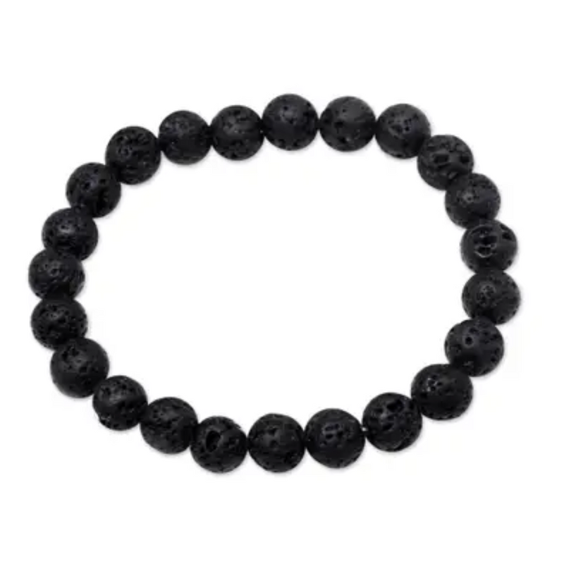 Lava Stone Beaded Stretch Bracelet from Bali, "Planet Craters"