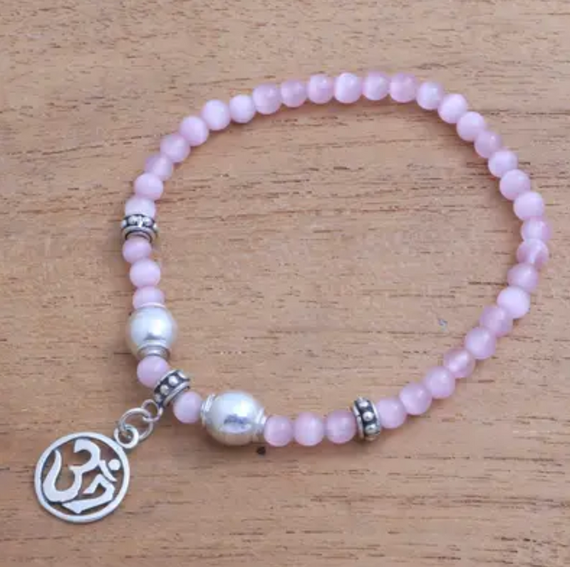 Cat's Eye Om Beaded Stretch Bracelet from Bali, "Pink Om"