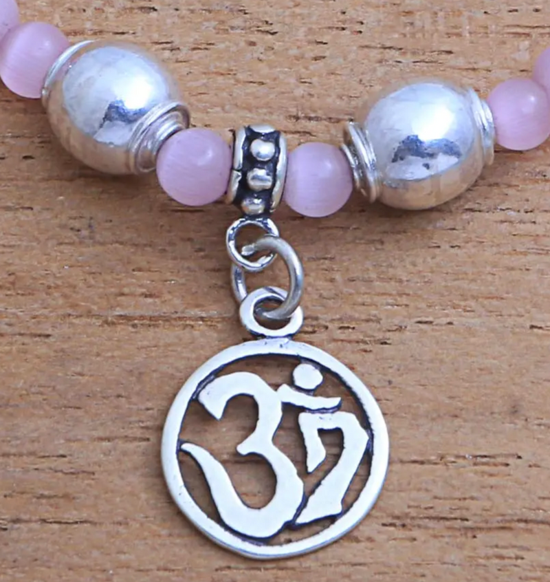 Cat's Eye Om Beaded Stretch Bracelet from Bali, "Pink Om"