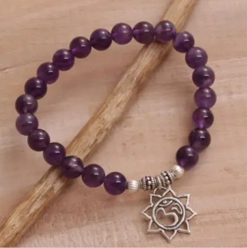 Amethyst Floral Beaded Stretch Bracelet from Bali, "Petaled Om"