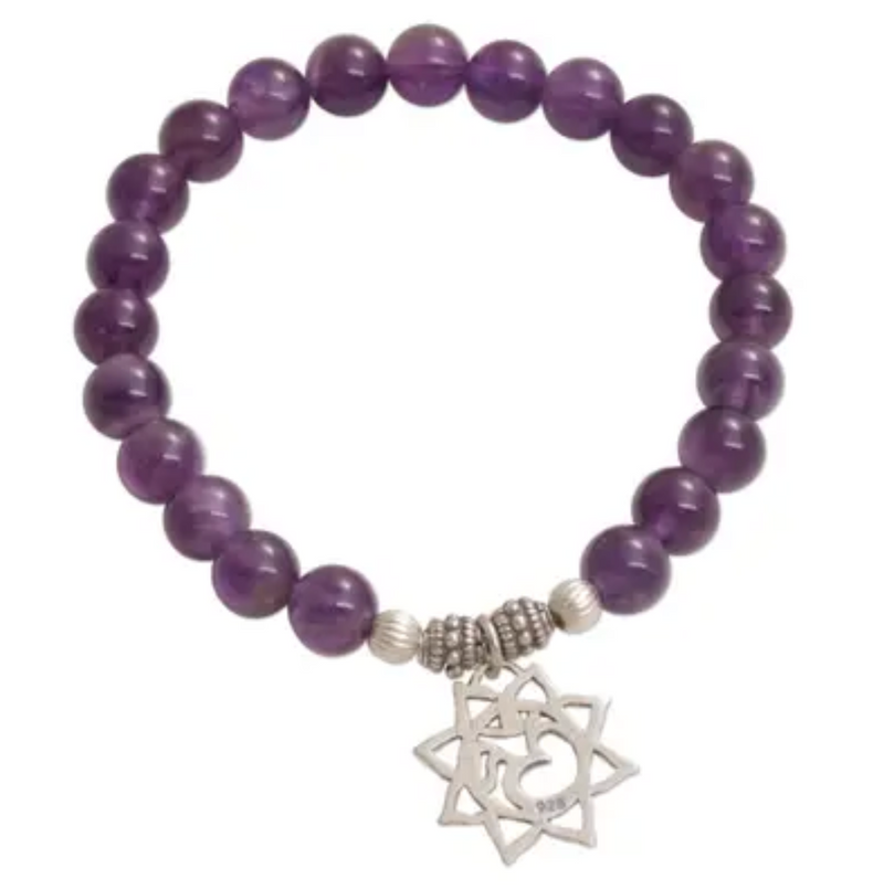 Amethyst Floral Beaded Stretch Bracelet from Bali, "Petaled Om"