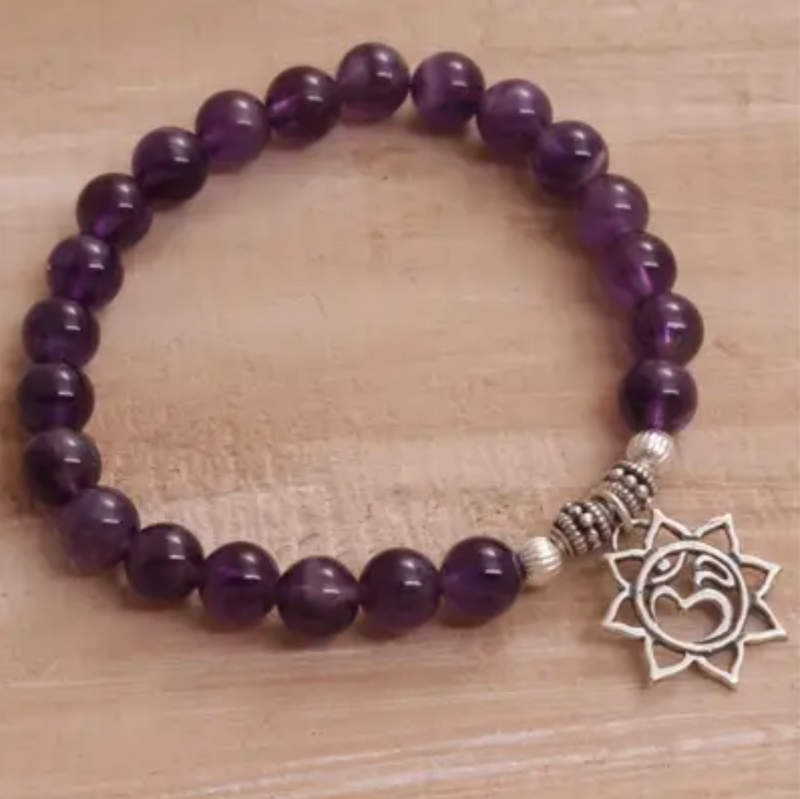 Amethyst Floral Beaded Stretch Bracelet from Bali, "Petaled Om"